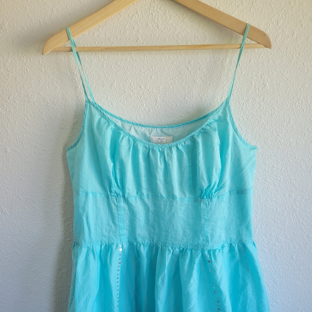 Ann Taylor Loft Sundress Layered Blue Cotton Sequin Embroidered Dress Size 14 - Picture 2 of 5
